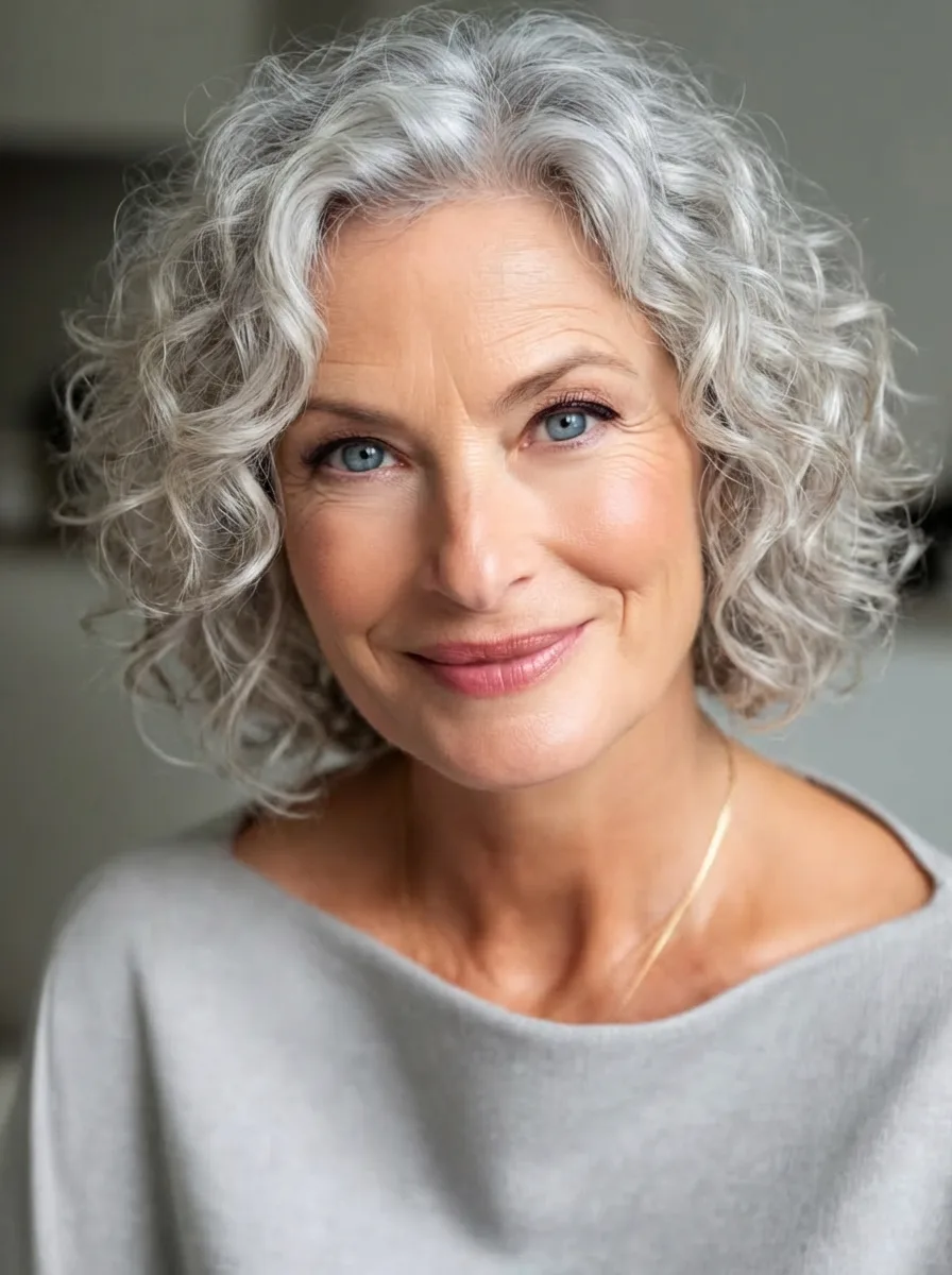 Chin-Length Voluminous Curly Bob in Silver Frost